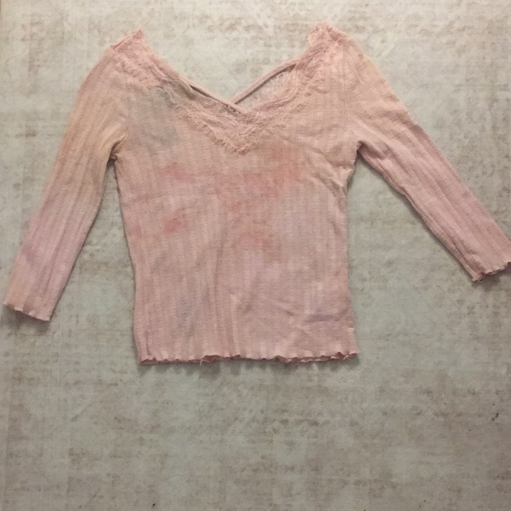 Women's Lace Trim V-Neck Ribbed Top - Pink